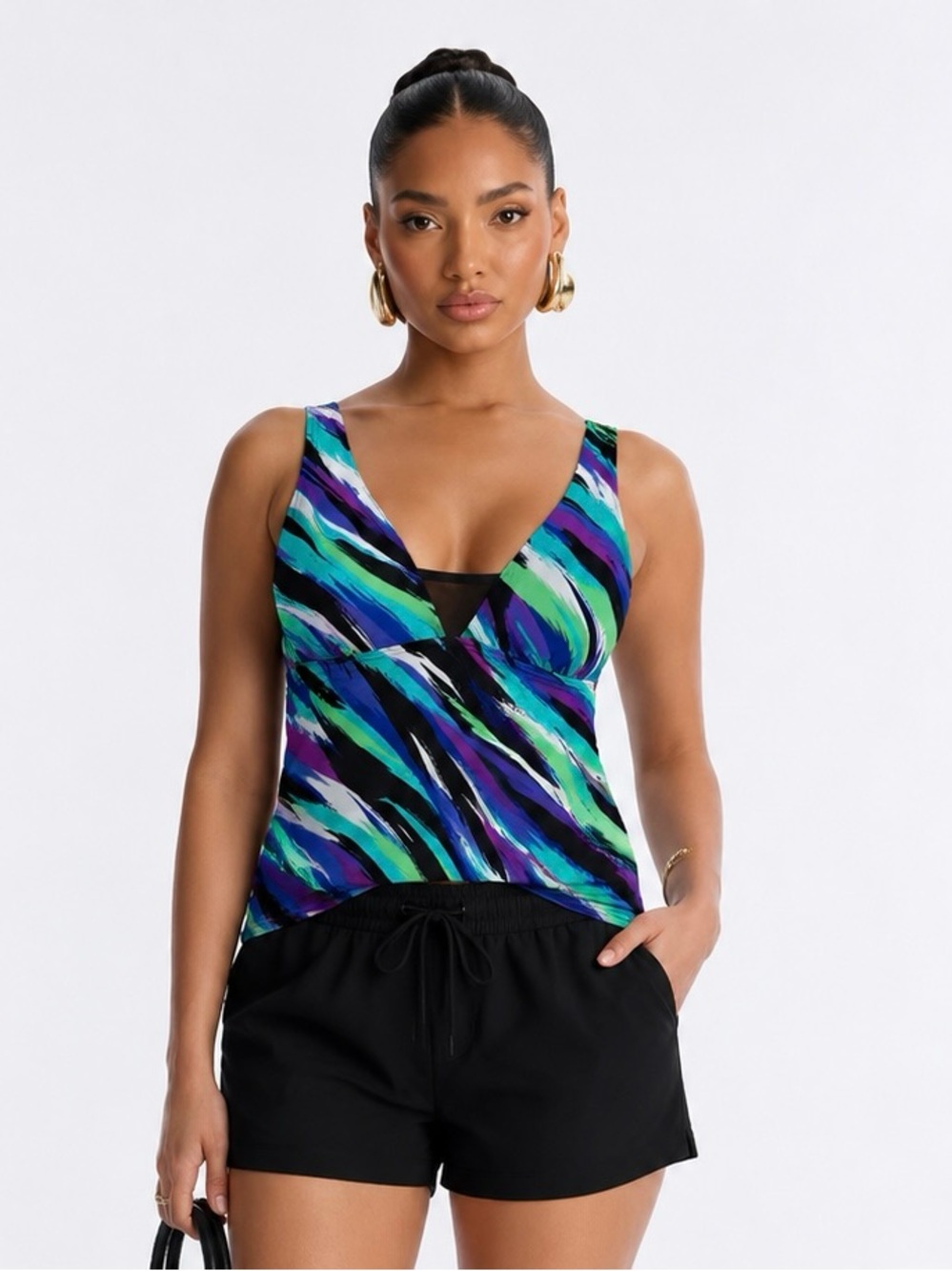 Swimwear For Me Plus Size 22W Tankini Swim Top Blue Purple Green‎ Print